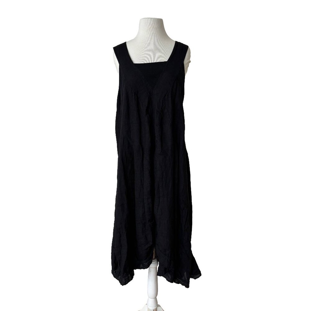 Vintage Black Lands Down Under Italian Linen Art To Wear Midi Tnak Dress XL